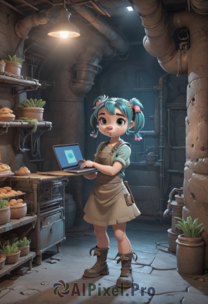 1girl,solo,looking at viewer,smile,short hair,bangs,skirt,shirt,hair ornament,holding,twintails,blue hair,standing,full body,short sleeves,boots,food,green hair,tongue,puffy sleeves,indoors,tongue out,bag,black eyes,apron,puffy short sleeves,window,aqua hair,brown footwear,table,thick eyebrows,blue shirt,plant,robot,hair bobbles,short twintails,child,cross-laced footwear,:q,pouch,licking lips,female child,food-themed hair ornament,potted plant,computer,laptop,brown apron,green eyes,multicolored hair,signature,aqua eyes,science fiction,pocket,green shirt,lace-up boots,cable,bread,tablet pc,wire,industrial pipe,aqua shirt