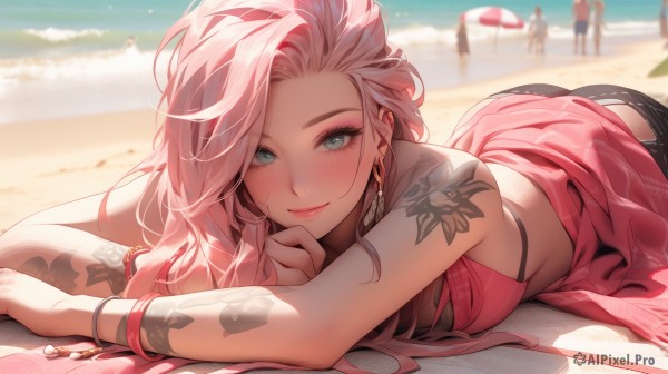 1girl,long hair,breasts,looking at viewer,blush,smile,bangs,blue eyes,cleavage,bare shoulders,jewelry,medium breasts,closed mouth,green eyes,swimsuit,pink hair,ass,bikini,multicolored hair,earrings,outdoors,lying,shorts,solo focus,day,water,nail polish,blurry,bracelet,aqua eyes,lips,fingernails,see-through,eyelashes,tattoo,makeup,depth of field,blurry background,black bikini,ocean,halterneck,umbrella,beach,piercing,denim,on stomach,lipstick,towel,ear piercing,bikini top only,eyeshadow,head rest,hoop earrings,pink lips,sand,pink bikini,bangle,sarong,arm tattoo,parasol,shoulder tattoo,beach umbrella,mascara,beach towel,flower tattoo,solo,large breasts,multiple boys,crossed arms,breast press,long fingernails,bikini under clothes,eyeliner,back tattoo