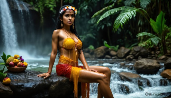 HQ,1girl,solo,long hair,breasts,skirt,large breasts,black hair,hair ornament,cleavage,bare shoulders,brown eyes,jewelry,medium breasts,sitting,braid,flower,earrings,outdoors,parted lips,food,day,hair flower,dark skin,water,necklace,blurry,black eyes,bracelet,dark-skinned female,tree,lips,wet,sideboob,fruit,depth of field,blurry background,feet out of frame,nature,forest,rock,realistic,nose,apple,head wreath,soaking feet,river,grapes,orange (fruit),waterfall,banana,pineapple,looking at viewer,very long hair,arm support,leaf,plant,bangle,sitting on rock