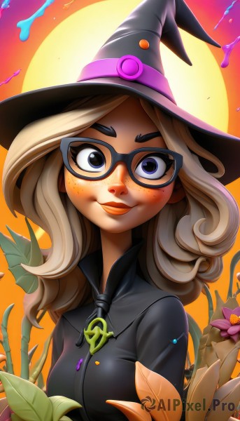 1girl,solo,long hair,breasts,looking at viewer,smile,blue eyes,blonde hair,hat,jewelry,medium breasts,closed mouth,upper body,flower,glasses,artist name,necklace,lips,eyelashes,black headwear,makeup,mask,witch hat,leaf,watermark,thick eyebrows,plant,lipstick,eyeshadow,halloween,freckles,black-framed eyewear,nose,purple flower,witch,black dress,moon,orange background