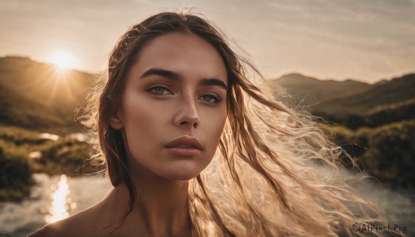 1girl,solo,long hair,looking at viewer,brown hair,brown eyes,outdoors,parted lips,sky,water,blurry,lips,grey eyes,floating hair,depth of field,blurry background,sunlight,wind,portrait,freckles,mountain,realistic,nose,sun,river,lake,teeth,eyelashes,thick eyebrows,backlighting,sunset,mole on cheek