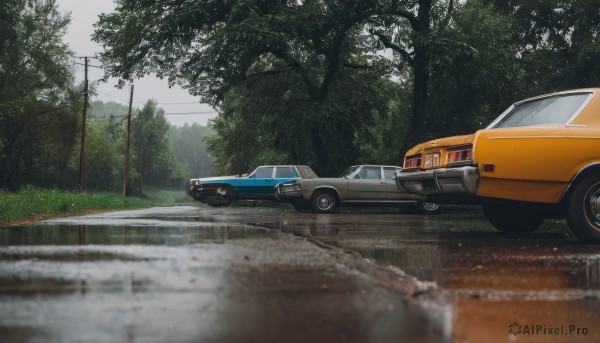 outdoors,sky,day,cloud,tree,no humans,grass,ground vehicle,nature,scenery,motor vehicle,forest,reflection,rain,car,road,bush,vehicle focus,power lines,utility pole,puddle,sports car,water,realistic,lamppost