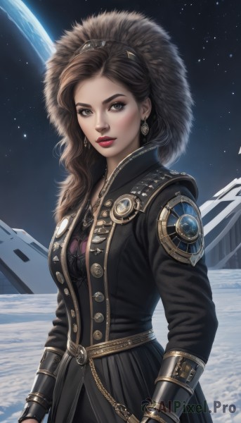 1girl,solo,long hair,breasts,looking at viewer,brown hair,gloves,long sleeves,brown eyes,jewelry,standing,cowboy shot,earrings,outdoors,parted lips,sky,belt,hood,necklace,black eyes,black dress,lips,coat,fur trim,makeup,night,lipstick,star (sky),night sky,snow,starry sky,black coat,snowing,nose,red lips,eyeliner,space,bracer,planet,earth (planet),dress,medium breasts,upper body,artist name,chain,eyeshadow,realistic,emblem,spacecraft,gold chain