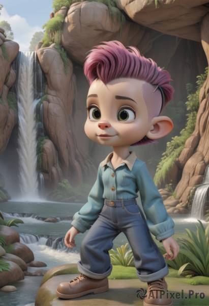 solo,smile,short hair,shirt,long sleeves,1boy,closed mouth,green eyes,standing,full body,pink hair,male focus,outdoors,sky,shoes,day,collared shirt,pants,artist name,water,tree,blue sky,brown footwear,grass,blue shirt,denim,nature,furry,freckles,jeans,blue pants,furry male,male child,mushroom,waterfall,boots,cloud,leaf,rock,mohawk