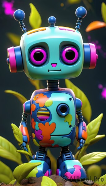 solo,looking at viewer,smile,standing,purple eyes,full body,pink eyes,no humans,leaf,plant,robot,mecha,science fiction,straight-on,humanoid robot,non-humanoid robot,closed mouth,artist name,blurry,watermark,rock