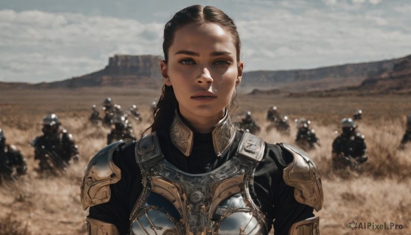 1girl,long hair,looking at viewer,brown hair,black hair,brown eyes,closed mouth,upper body,ponytail,outdoors,multiple boys,sky,solo focus,day,cloud,armor,blurry,lips,blurry background,helmet,shoulder armor,6+boys,pauldrons,breastplate,realistic,full armor,soldier,plate armor,army,solo,expressionless,cloudy sky,freckles,mountain,multiple others,knight,desert