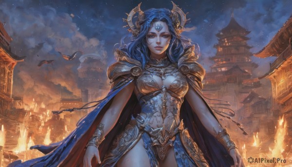 1girl,solo,long hair,breasts,looking at viewer,blue eyes,large breasts,cleavage,jewelry,medium breasts,closed mouth,blue hair,standing,cowboy shot,outdoors,horns,sky,cloud,cape,armor,bracelet,lips,night,bird,facial mark,fire,shoulder armor,building,star (sky),night sky,pauldrons,forehead mark,fantasy,architecture,forehead jewel,east asian architecture,blue cape,hair ornament,cloudy sky,breastplate,realistic