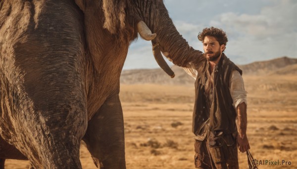 brown hair,shirt,black hair,1boy,holding,standing,white shirt,male focus,outdoors,sky,day,belt,bag,blurry,looking at another,vest,blurry background,facial hair,animal,beard,monster,realistic,sand,holster,desert,cowboy western,dinosaur,solo,short hair,open mouth,brown eyes,weapon,open clothes,collared shirt,pants,cloud,blue sky,gun,black pants,sleeves rolled up,brown pants,holding animal,cowboy hat,brown vest,holstered weapon