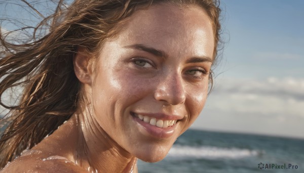 1girl,solo,long hair,looking at viewer,smile,brown hair,brown eyes,outdoors,sky,teeth,day,cloud,water,grin,blurry,blue sky,lips,depth of field,blurry background,ocean,beach,portrait,forehead,freckles,realistic,nose,open mouth,1boy,male focus,floating hair,cloudy sky,wind,messy hair,close-up