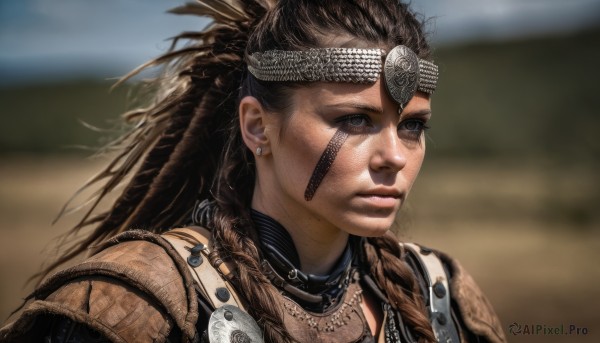 1girl,solo,long hair,brown hair,1boy,brown eyes,jewelry,upper body,braid,male focus,earrings,outdoors,dark skin,necklace,armor,blurry,black eyes,twin braids,lips,blurry background,headband,feathers,shoulder armor,portrait,realistic,nose,facepaint,dreadlocks,tribal,chainmail,native american,multiple braids,black hair,hair ornament,headdress