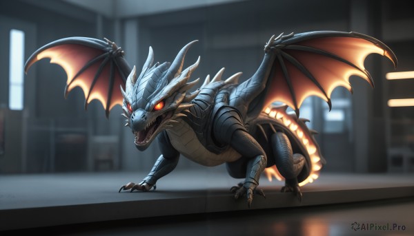 HQ,solo,open mouth,red eyes,tail,full body,wings,horns,teeth,indoors,blurry,orange eyes,no humans,blurry background,glowing,fangs,sharp teeth,glowing eyes,claws,spikes,monster,dragon,scales,dragon wings,kaijuu,looking at viewer