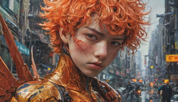 1girl,solo,looking at viewer,short hair,brown eyes,closed mouth,upper body,outdoors,wings,solo focus,orange hair,blurry,black eyes,lips,blood,blurry background,scar,building,messy hair,portrait,freckles,science fiction,curly hair,injury,blood on face,city,realistic,cyborg,cyberpunk,bangs,armor,depth of field,motor vehicle,car,cityscape,dirty,scratches,dirty face