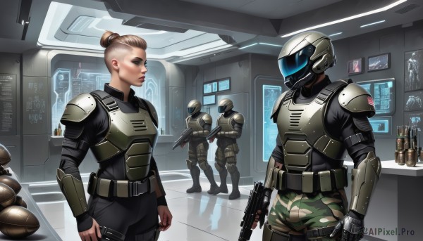 1girl,brown hair,holding,standing,weapon,multiple boys,belt,pants,indoors,hair bun,holding weapon,armor,uniform,lips,gun,military,bodysuit,military uniform,single hair bun,3boys,helmet,shoulder armor,holding gun,rifle,handgun,reflection,science fiction,realistic,assault rifle,shoulder pads,camouflage,submachine gun,shotgun,soldier,bullpup,bulletproof vest,makeup,multiple others