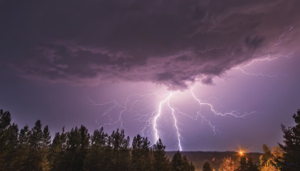 An iconic lightning framed by a bold sunset outdoors