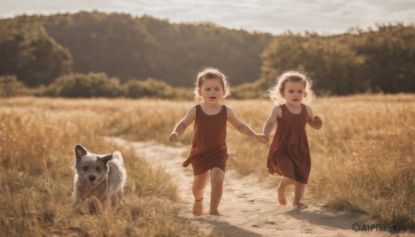 1girl,smile,short hair,open mouth,multiple girls,1boy,dress,2girls,:d,outdoors,sky,shorts,barefoot,sleeveless,day,blurry,sleeveless dress,depth of field,blurry background,holding hands,siblings,animal,red dress,grass,sisters,child,nature,walking,running,dog,twins,female child,brown dress,male child,field,dirty feet,looking at viewer,brown hair,multiple boys,tears,2boys,tree,bandages,crying,crying with eyes open,dirty,baby