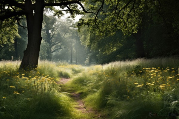 flower,outdoors,day,tree,no humans,sunlight,grass,plant,nature,scenery,forest,field,landscape,path