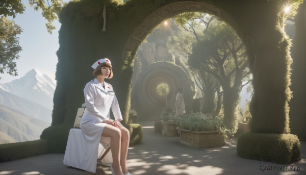 1girl,solo,breasts,short hair,multiple girls,brown hair,long sleeves,hat,dress,2girls,brown eyes,sitting,outdoors,day,pointy ears,white dress,tree,chair,looking away,sunlight,plant,nature,scenery,light rays,nurse cap,nurse,hands on lap,1boy,jewelry,necklace,realistic,arch