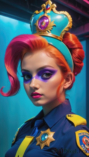 1girl,solo,breasts,looking at viewer,short hair,shirt,brown eyes,upper body,red hair,hairband,necktie,collared shirt,hair bun,orange hair,uniform,lips,makeup,single hair bun,crown,blue shirt,lipstick,eyeshadow,blue necktie,nose,badge,police,police uniform,purple lips,policewoman,hat,jewelry,pink hair,parted lips,artist name,eyelashes,watermark,gem,portrait,realistic,logo,facepaint