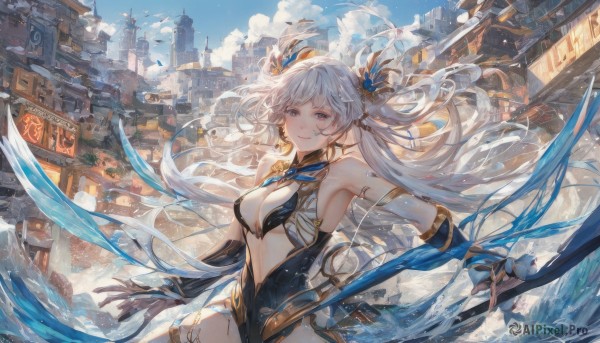 1girl,solo,long hair,breasts,looking at viewer,smile,bangs,large breasts,hair ornament,red eyes,gloves,dress,holding,cleavage,bare shoulders,jewelry,medium breasts,very long hair,purple eyes,weapon,white hair,earrings,outdoors,parted lips,sky,day,black gloves,elbow gloves,artist name,cloud,armpits,water,holding weapon,grin,leotard,blue sky,clothing cutout,floating hair,blue dress,bird,heterochromia,cleavage cutout,polearm,building,gold trim,center opening,holding polearm,architecture,navel,twintails,brown eyes,closed mouth,detached sleeves,signature,pink eyes,black dress,scenery,city,fantasy,cityscape