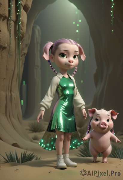 1girl,looking at viewer,smile,long sleeves,dress,twintails,closed mouth,green eyes,standing,full body,pink hair,purple hair,braid,boots,outdoors,shoes,twin braids,tree,animal,white footwear,grass,plant,child,nature,furry,forehead,forest,green dress,furry female,female child,pig,pig ears,solo,short hair,hair ornament,animal ears,socks,artist name,short twintails,freckles,cave