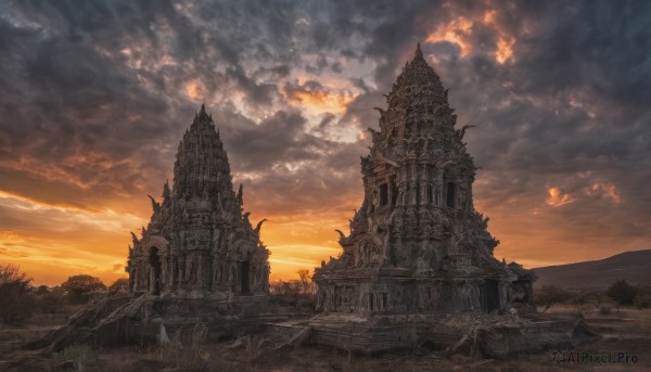 outdoors,sky,cloud,water,tree,no humans,cloudy sky,building,scenery,sunset,fantasy,horizon,ruins,castle,tower,orange sky,sunlight,nature,stairs,mountain,landscape,cliff,arch