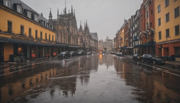 outdoors,sky,cloud,water,no humans,window,cloudy sky,ground vehicle,building,scenery,motor vehicle,reflection,rain,city,sign,car,road,cityscape,bridge,vehicle focus,lamppost,street,puddle,grey sky,real world location,tower,reflective water