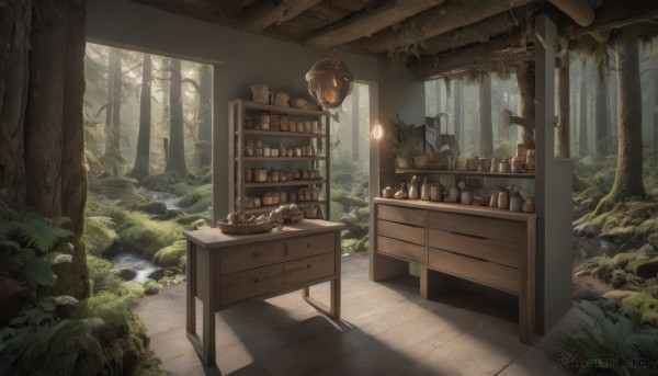 outdoors,day,indoors,water,tree,book,no humans,window,chair,table,sunlight,bottle,grass,plant,nature,scenery,forest,rock,fantasy,bookshelf,lamp,mushroom,shelf,jar,flask,barrel,log,desk,lantern,wooden floor,drawer,stone,cabinet,tree stump