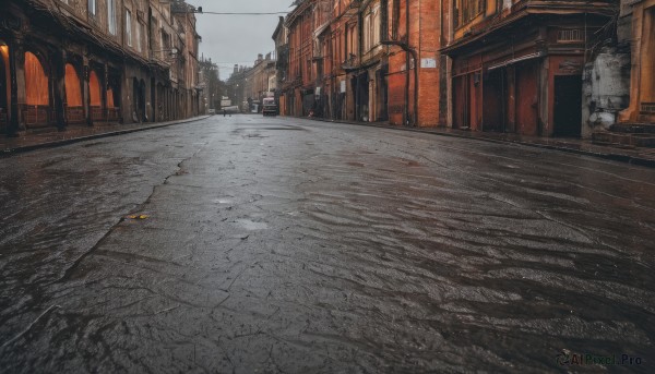 outdoors,sky,day,cloud,no humans,window,ground vehicle,building,scenery,city,road,power lines,lamppost,street,pavement,vanishing point,traditional media,motor vehicle,door,car,alley,stone floor