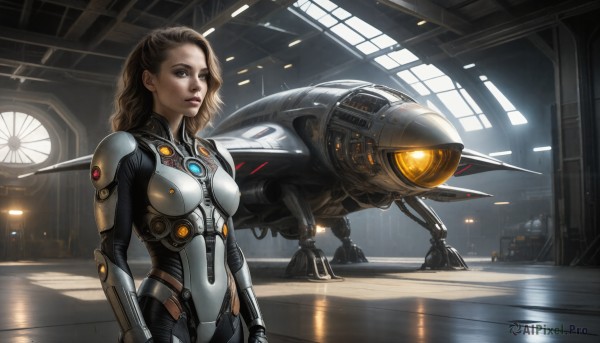 HQ,1girl,solo,long hair,breasts,looking at viewer,brown hair,brown eyes,medium breasts,standing,indoors,armor,lips,window,bodysuit,robot,science fiction,realistic,aircraft,airplane,pilot suit,spacecraft,fighter jet,blue eyes,blonde hair,military,mecha,nose,military vehicle,lights,power suit