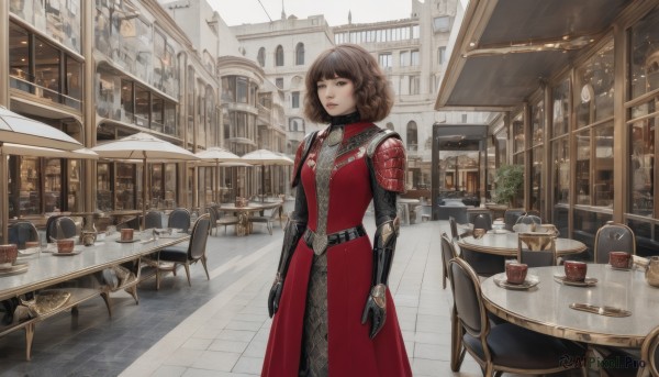 1girl,solo,looking at viewer,short hair,bangs,brown hair,gloves,dress,brown eyes,jewelry,closed mouth,standing,black gloves,belt,indoors,medium hair,armor,cup,lips,window,makeup,chair,red dress,table,shoulder armor,building,scenery,plate,teacup,pauldrons,city,arms at sides,teapot,cafe,blunt bangs,plant,tablecloth