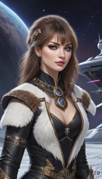 1girl,solo,long hair,breasts,looking at viewer,brown hair,hair ornament,long sleeves,cleavage,brown eyes,jewelry,medium breasts,upper body,earrings,parted lips,sky,belt,signature,necklace,lips,fur trim,makeup,lipstick,gem,star (sky),starry sky,realistic,nose,red lips,space,planet,earth (planet),spacecraft,dress,science fiction