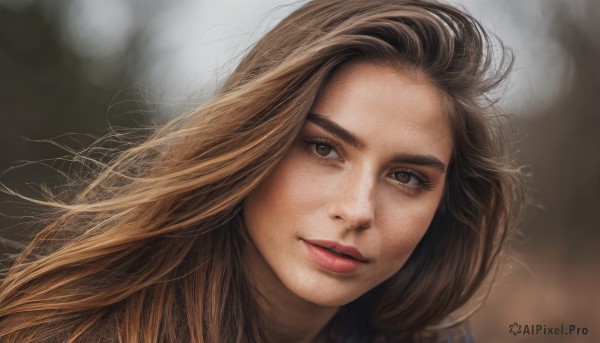 1girl,solo,long hair,looking at viewer,brown hair,brown eyes,parted lips,teeth,blurry,lips,eyelashes,floating hair,depth of field,blurry background,wind,portrait,freckles,realistic,nose,artist name,close-up,red lips