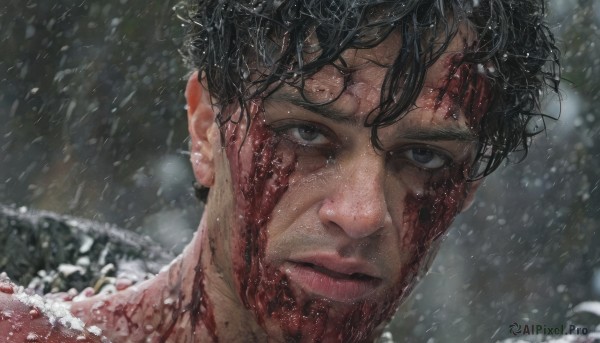 A unique view of a male in rainy outdoors