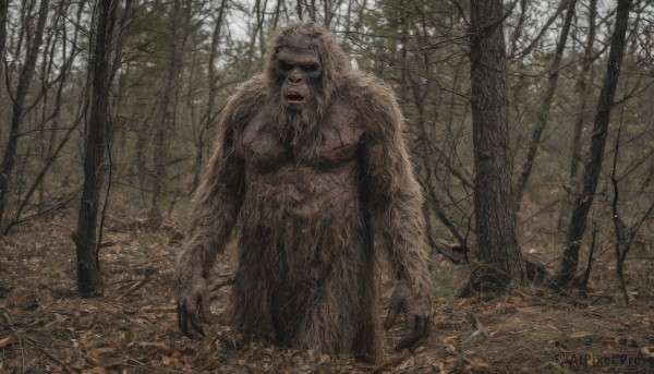 solo,open mouth,1boy,standing,weapon,male focus,outdoors,teeth,day,sword,cape,tree,no humans,facial hair,nature,claws,beard,forest,monster,realistic,giant,looking at viewer,signature,leaf,death,horror (theme),corpse