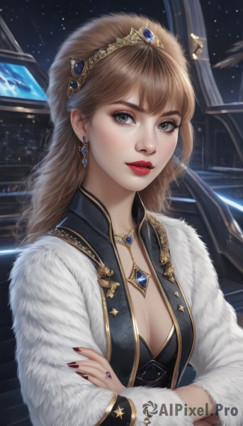 1girl,solo,long hair,breasts,looking at viewer,bangs,brown hair,hair ornament,dress,cleavage,jewelry,medium breasts,upper body,earrings,parted lips,sky,necklace,nail polish,lips,grey eyes,fur trim,eyelashes,makeup,night,crossed arms,ring,tiara,crown,lipstick,gem,star (sky),red nails,eyeshadow,realistic,nose,red lips,red gemstone,long sleeves,coat,fingernails,fur coat