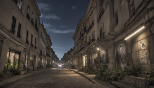 outdoors,sky,cloud,tree,no humans,window,night,cloudy sky,plant,ground vehicle,building,night sky,scenery,motor vehicle,city,door,car,potted plant,light,road,lamppost,street,bicycle,statue,star (sky)