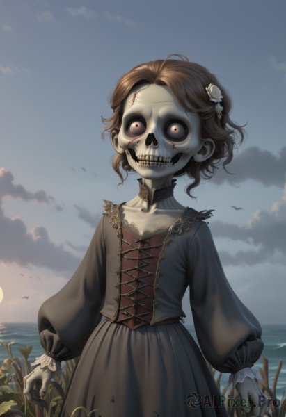 1girl,solo,looking at viewer,short hair,brown hair,hair ornament,long sleeves,dress,brown eyes,standing,collarbone,flower,outdoors,frills,sky,teeth,choker,puffy sleeves,cloud,hair flower,water,black dress,flat chest,blood,bird,ocean,cloudy sky,grass,juliet sleeves,pale skin,corset,puffy long sleeves,skull,sunset,wide-eyed,horizon,cross-laced clothes,stitches,grey skin,horror (theme),glowing,colored skin,white flower,glowing eyes,skeleton,skull hair ornament,zombie,undead