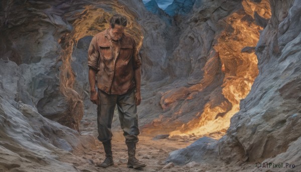 An iconic male framed by a inviting fiery outdoors