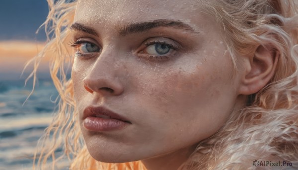 1girl,solo,long hair,looking at viewer,blue eyes,blonde hair,outdoors,parted lips,sky,blurry,lips,grey eyes,eyelashes,blurry background,portrait,close-up,freckles,realistic,nose,depth of field,looking afar