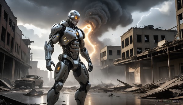 HQ,solo,1boy,standing,male focus,outdoors,sky,teeth,cloud,armor,no humans,muscular,glowing,cloudy sky,fire,robot,ground vehicle,building,mecha,glowing eyes,motor vehicle,smoke,science fiction,city,military vehicle,electricity,car,ruins,damaged,lightning,power armor,debris,destruction,rubble,weapon,signature,orange eyes,rain,realistic,cyborg