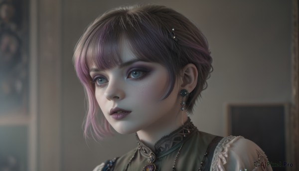 1girl,solo,short hair,bangs,blue eyes,brown hair,shirt,hair ornament,jewelry,pink hair,multicolored hair,earrings,parted lips,teeth,artist name,indoors,blurry,lips,see-through,looking to the side,eyelashes,makeup,blurry background,looking away,lipstick,gem,portrait,eyeshadow,freckles,realistic,nose,mascara,purple hair,braid,painting (object)