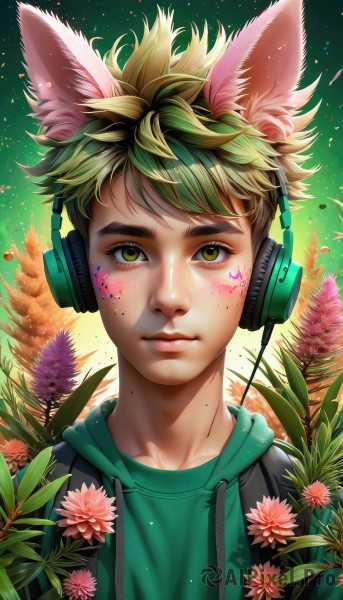 solo,looking at viewer,smile,short hair,blonde hair,1boy,animal ears,closed mouth,green eyes,upper body,flower,male focus,multicolored hair,green hair,artist name,hood,lips,fox ears,hoodie,headphones,leaf,watermark,facial mark,thick eyebrows,hood down,plant,portrait,web address,pink flower,freckles,realistic,nose,drawstring,facepaint,brown hair,brown eyes,cat ears,green hoodie