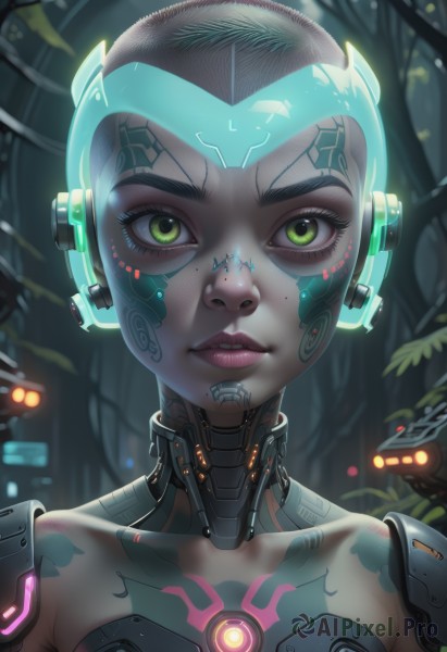 1girl,solo,breasts,looking at viewer,short hair,bare shoulders,green eyes,collarbone,upper body,small breasts,parted lips,teeth,artist name,dark skin,dark-skinned female,lips,eyelashes,tattoo,makeup,glowing,headgear,watermark,robot,lipstick,portrait,close-up,eyeshadow,freckles,science fiction,nose,android,cable,very short hair,straight-on,cyborg,robot joints,neon trim,mascara,cyberpunk,mechanical parts,hologram,black hair,backlighting