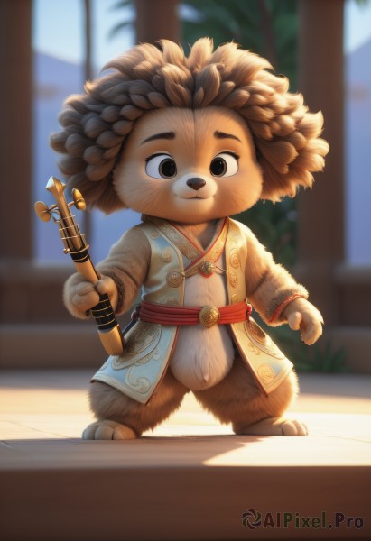 solo,looking at viewer,smile,brown hair,1boy,holding,brown eyes,closed mouth,standing,full body,male focus,outdoors,blurry,black eyes,sash,:3,blurry background,instrument,furry,furry male,male child,playing instrument,holding instrument,brown fur,animal ears,artist name,animal nose