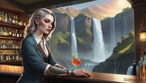 1girl,solo,long hair,looking at viewer,shirt,hair ornament,jewelry,jacket,white shirt,upper body,grey hair,earrings,food,open clothes,hairclip,collared shirt,indoors,water,vest,bracelet,tree,cup,lips,tattoo,makeup,fruit,formal,table,bottle,suit,lipstick,scenery,alcohol,sleeves rolled up,drinking glass,watch,nose,drink,red lips,glass,wristwatch,arm tattoo,wine glass,waterfall,wine bottle,mascara,cocktail glass,cocktail,blush,blonde hair,green eyes,necktie,wavy hair,eyeshadow,sunset,apple,sun,bar (place)