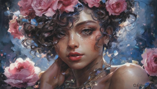 1girl,solo,looking at viewer,short hair,brown hair,black hair,hair ornament,bare shoulders,brown eyes,jewelry,flower,earrings,parted lips,hand up,hair flower,dark skin,necklace,dark-skinned female,lips,petals,eyelashes,makeup,floating hair,rose,lipstick,wind,portrait,pink flower,freckles,curly hair,realistic,nose,red lips,pink rose,bangs