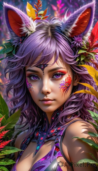 1girl,solo,long hair,breasts,looking at viewer,bangs,hair ornament,animal ears,cleavage,bare shoulders,medium breasts,closed mouth,purple eyes,upper body,purple hair,flower,cat ears,hair flower,blurry,lips,animal ear fluff,fox ears,clothing cutout,eyelashes,tattoo,makeup,depth of field,blurry background,leaf,facial mark,cleavage cutout,plant,lipstick,portrait,eyeshadow,pink lips,realistic,nose,eyeliner,facepaint,mascara,artist name,feathers,close-up