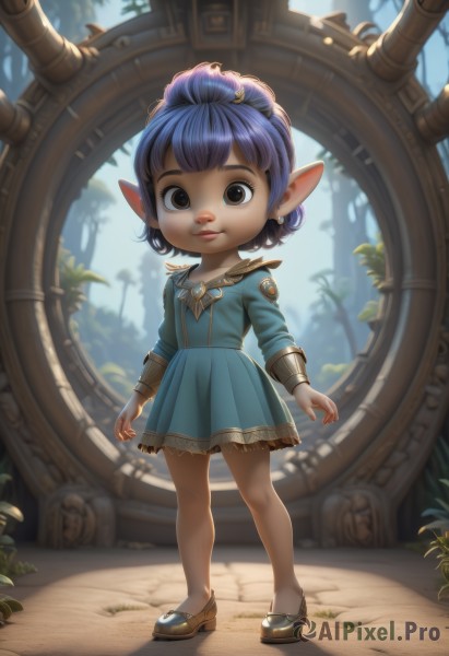 1girl,solo,looking at viewer,smile,short hair,bangs,long sleeves,dress,brown eyes,jewelry,closed mouth,blue hair,standing,full body,purple hair,earrings,outdoors,shoes,day,pointy ears,blurry,tree,lips,blue dress,brown footwear,short dress,child,hair ornament,artist name,watermark,web address