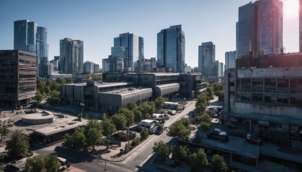 outdoors,sky,day,tree,blue sky,no humans,shadow,sunlight,ground vehicle,building,scenery,motor vehicle,city,car,road,cityscape,ruins,street,skyscraper,real world location,bridge,truck