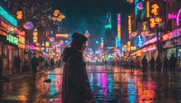 1girl, short hair, long sleeves, hat, outdoors, sky, solo focus, hood, water, coat, night, building, night sky, scenery, reflection, city, sign, beanie, road, cityscape, street, city lights, neon lights, people